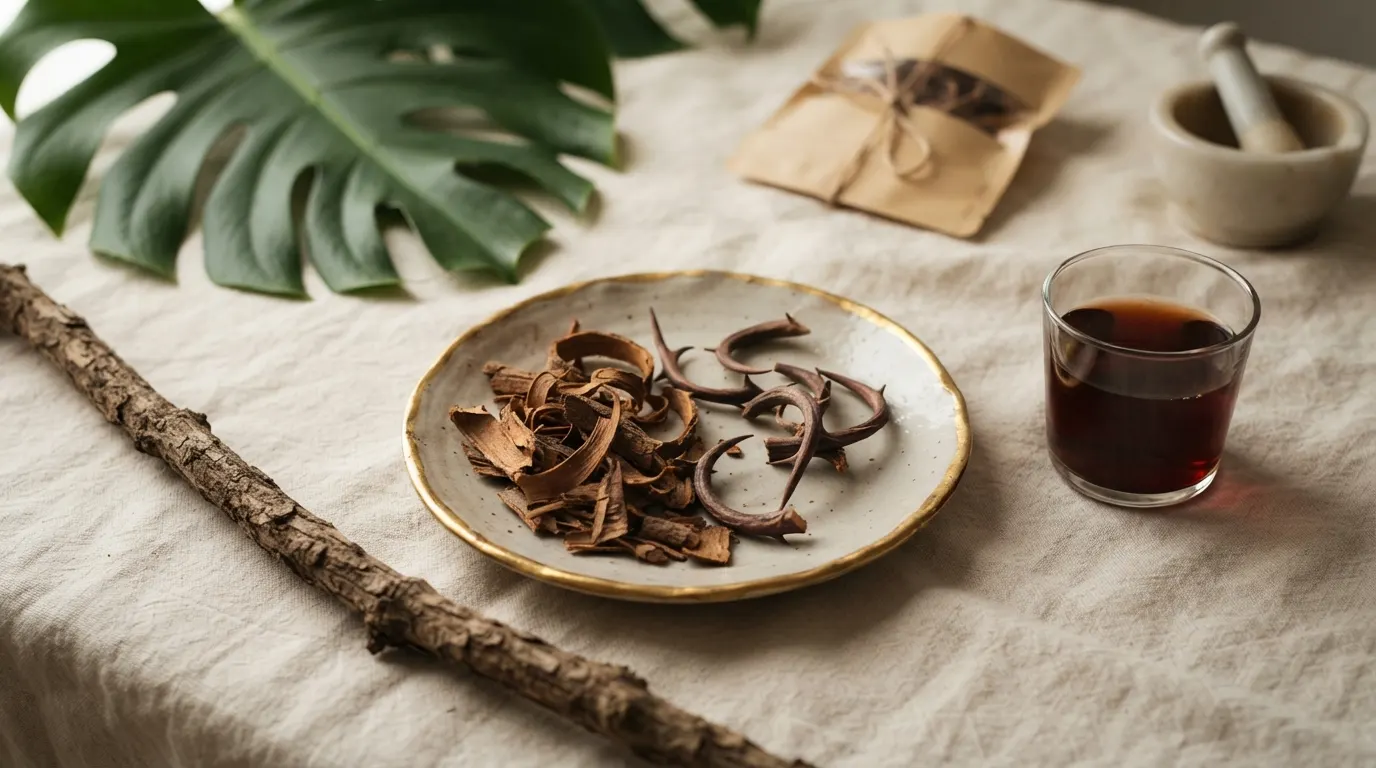 Curled cat's claw vine bark shavings with hooked thorns on a ceramic plate