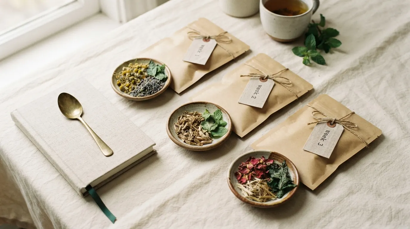 Three kraft pouches in a stepped diagonal with ceramic dishes of distinct dried blends