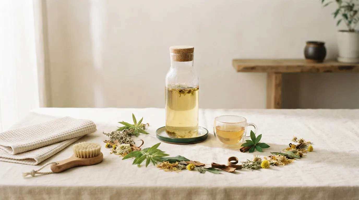 Glass carafe of pale golden herbal infusion with fresh leaves and bark arranged on cream linen