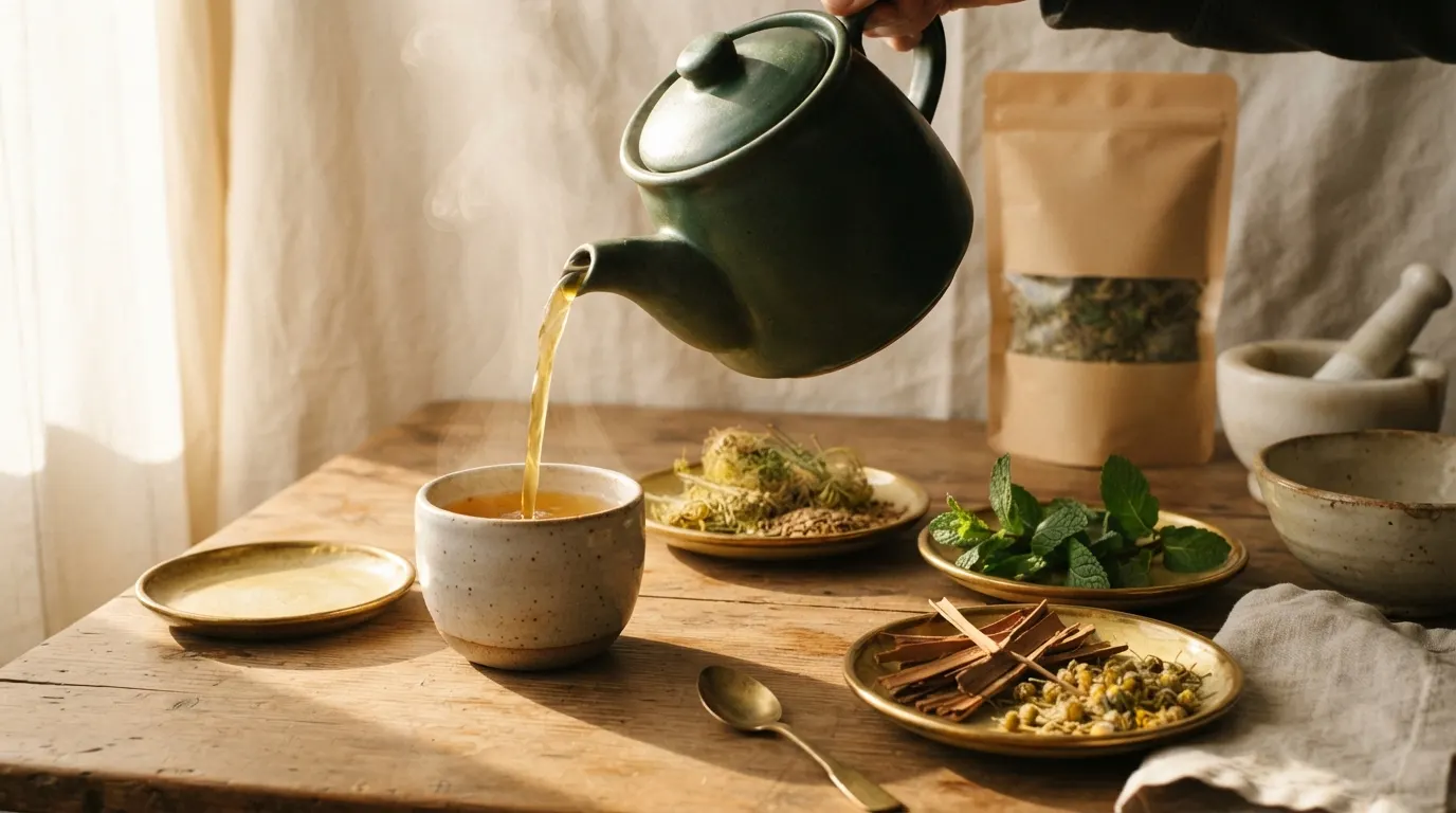 Green ceramic teapot pouring golden herbal infusion into a stoneware cup with dried herbs around it