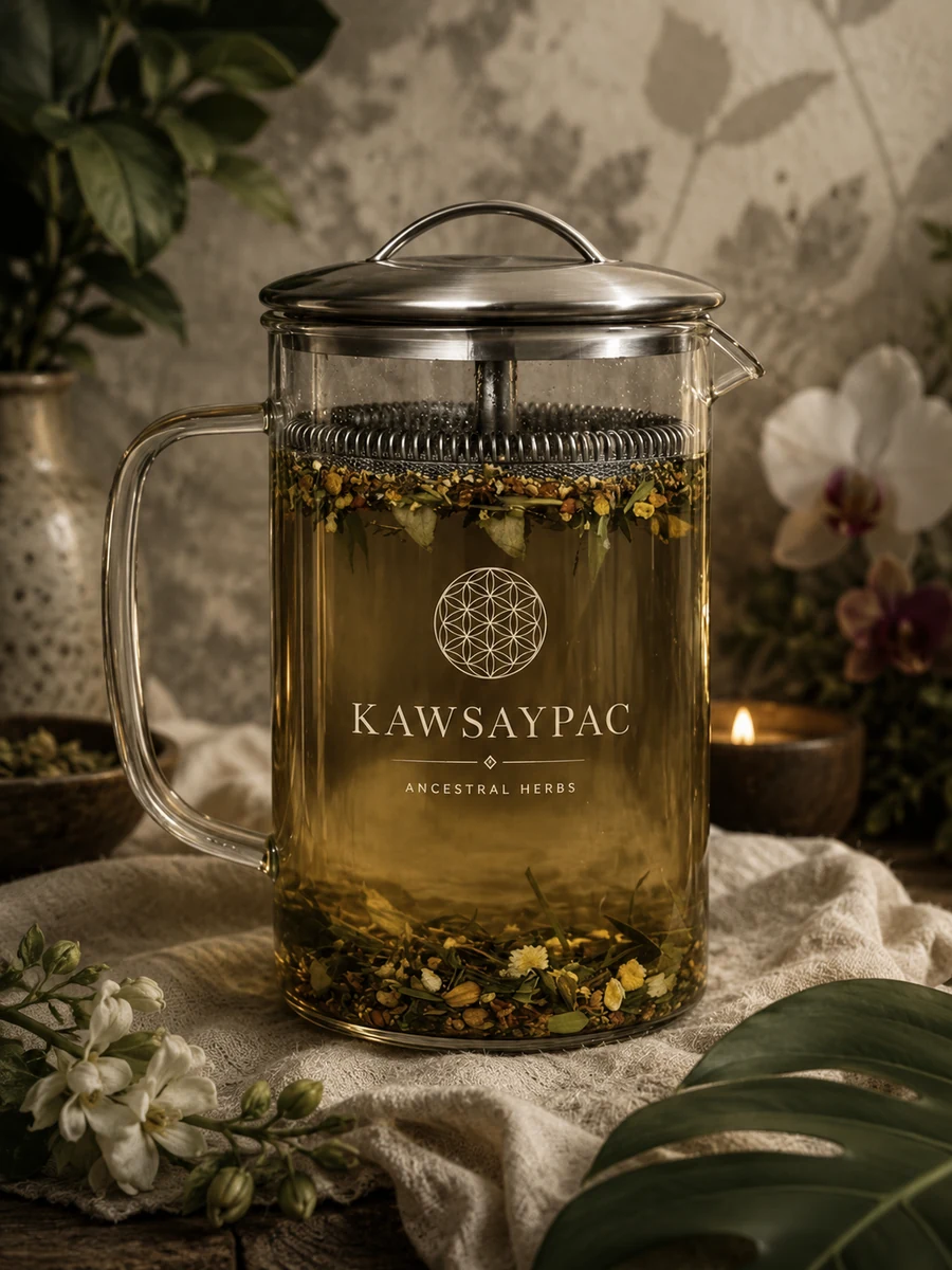 A warm cup of herbal infusion surrounded by loose dried herbs
