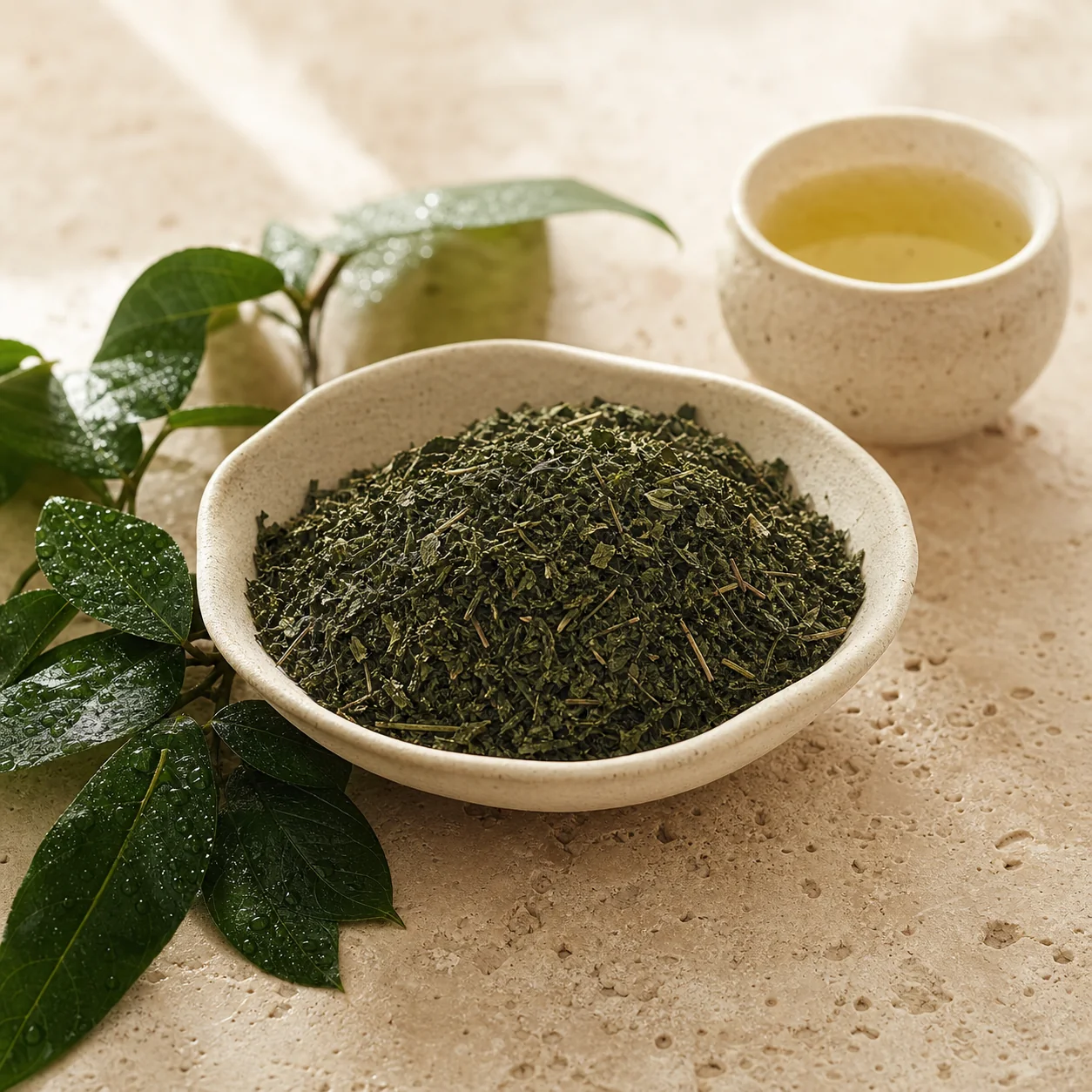 Dried matico leaves prepared for tea